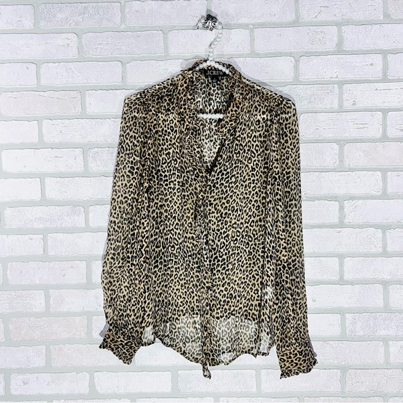 J. Crew Ruffle Button Down Leopard Print Crinkle Chiffon Blouse Size 0 - Picture 5 of 12